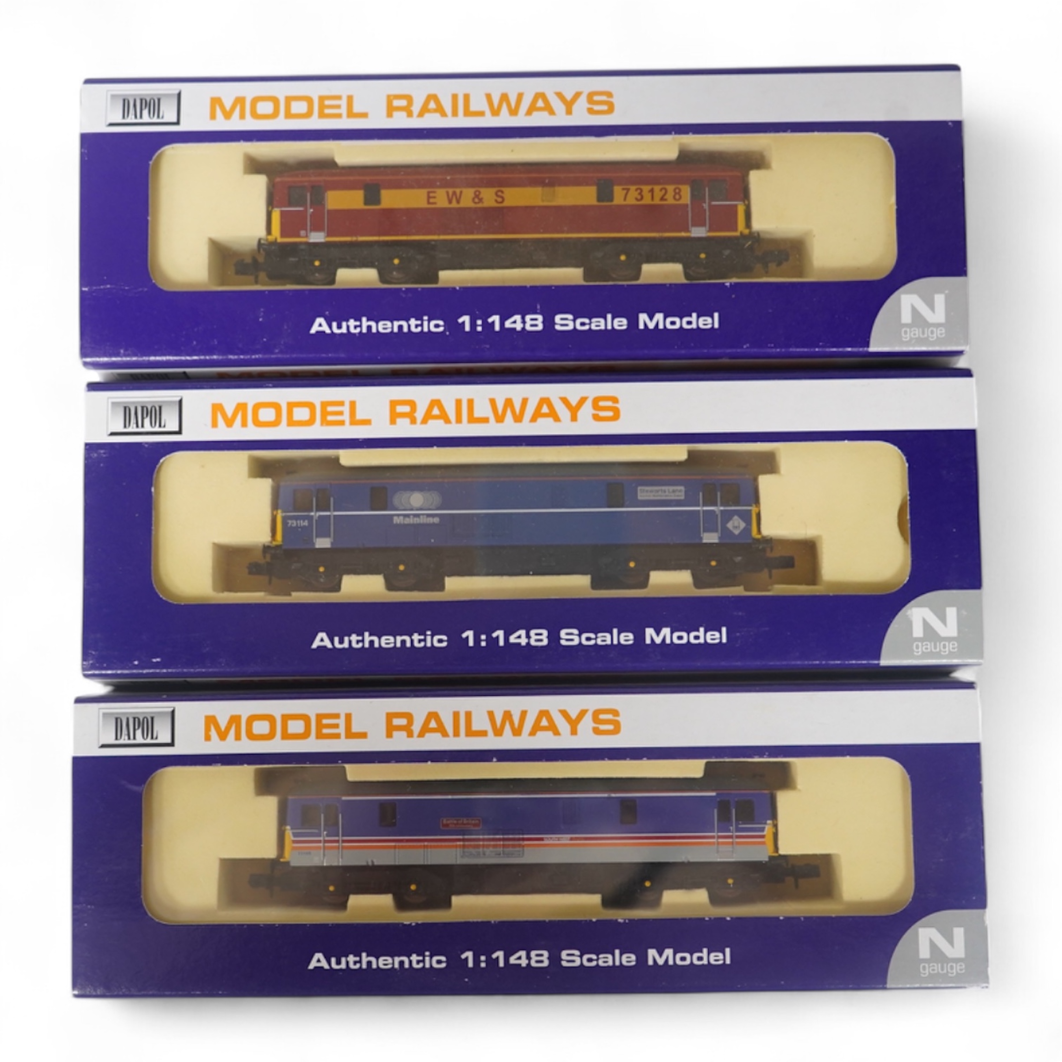 Three boxed Dapol N gauge railway Class 73 electro-diesel locomotives; 73109 Battle of Britain (ND006), 73114 Stewarts Lane (ND-021a) and 73128 (ND005). Condition - good.